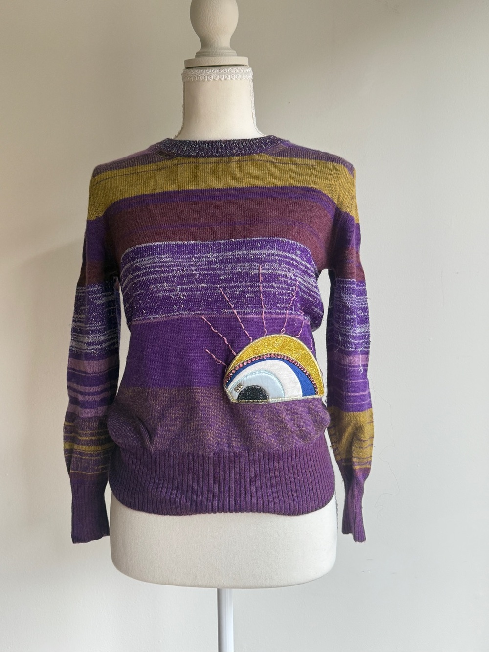 Marc Jacobs Purple and Olive Striped Crewneck Sweater with Sunburst Applique - Picture 2 of 6